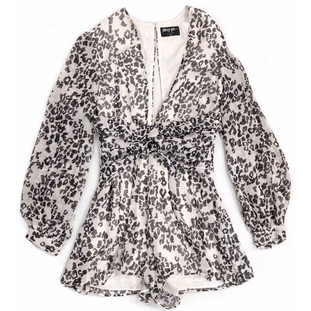 Nasty Gal Leopard Print Romper Playsuit Women’s Medium Long Sleeve Black White - Picture 3 of 11